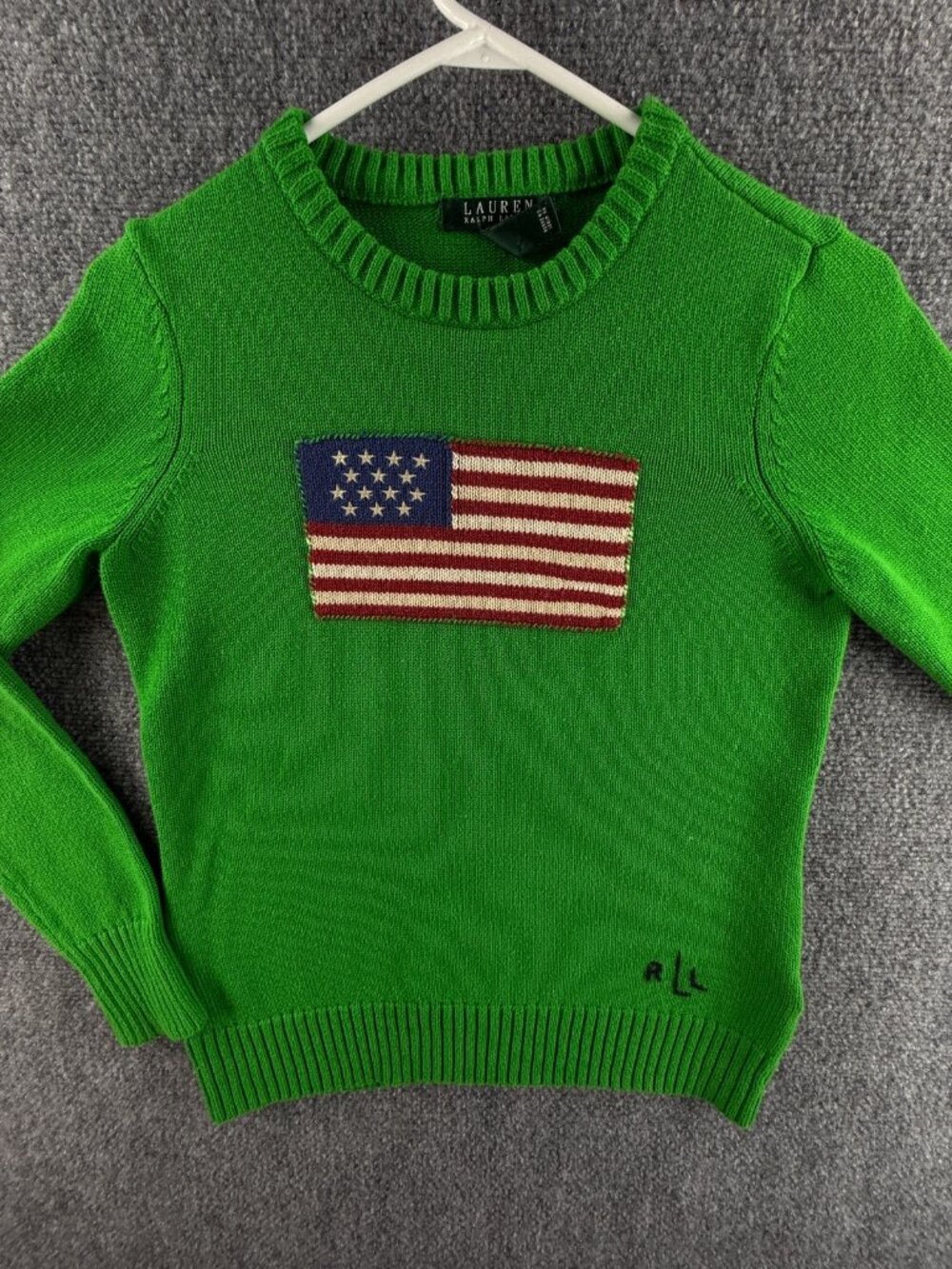 Lauren Ralph Lauren Small Green Flag Sweater USA Graphic Cotton Pullover Women